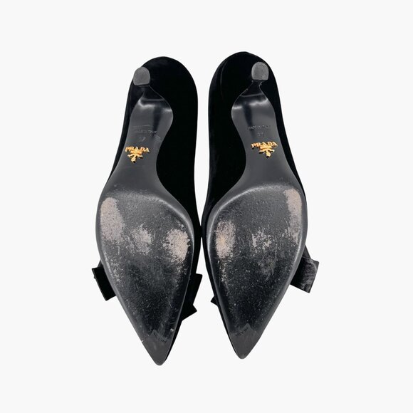 Prada Pointed Toe Bow Kitten Pumps Size 37 US 7 Black Velvet Low Heel Formal - Picture 13 of 14